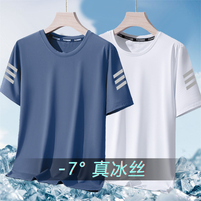 夏季轻奢潮品冰丝t恤男圆领速干衣短袖薄款透气大码上衣男运动