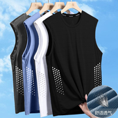 夏季 无袖 圆领网眼透气速干运动宽坎肩外穿男士 冰丝背心男潮薄款