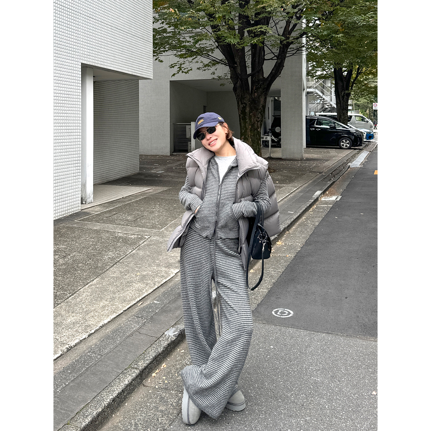 YANGLE_冬季套装女2025新款韩系条纹婴驼绒羊毛连帽开衫拖地长裤