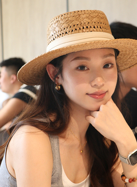法式复古老钱风镂空平顶草帽女夏季遮阳帽礼帽防晒帽子大帽檐