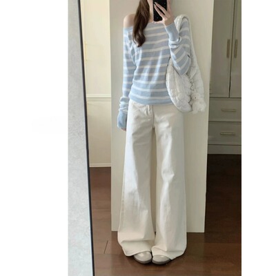 白色阔腿牛仔裤女2026春季新款高腰显瘦宽松小个子高级垂感直筒裤