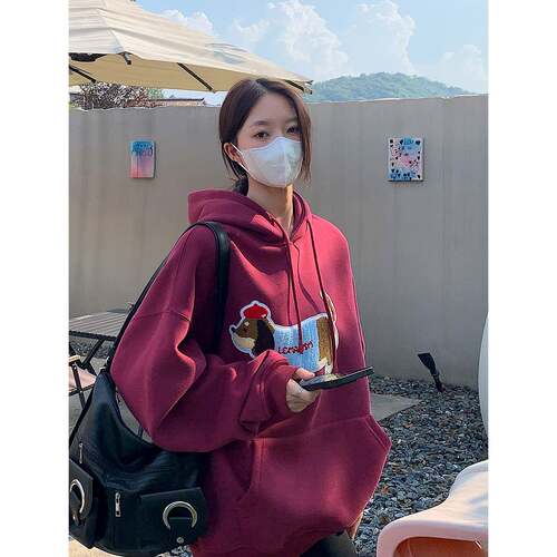 Vs what 美式复古400g重磅玫红色腊肠狗绣花卫衣女装百搭连帽外套