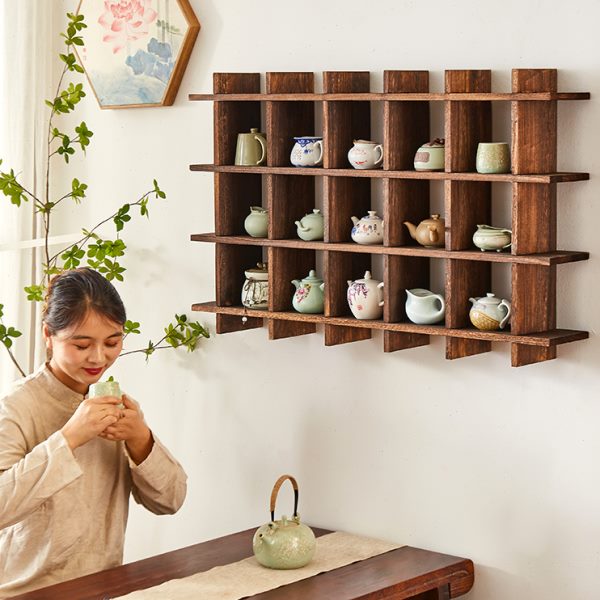 博古架实木中式壁挂式墙上置物架挂墙茶杯架多宝阁茶具摆架展示架