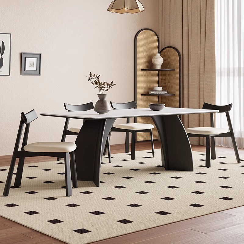 法式复古实木岩板餐桌长方形现代C简约家用小户型中古风餐桌椅组