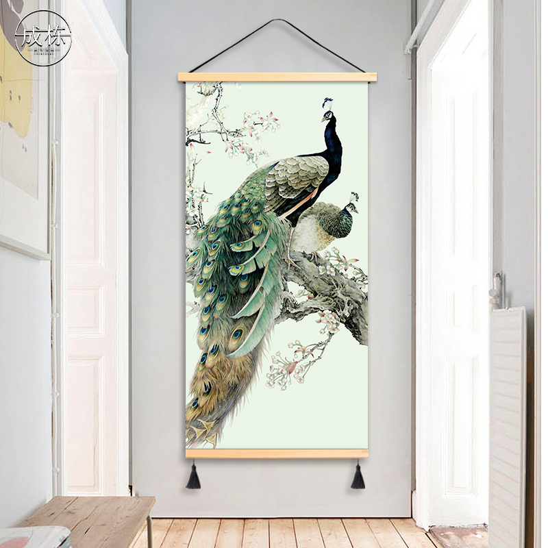 富贵孔雀轻奢免打孔玄关装饰画挂B布背景布布艺挂画布画墙画遮挡图片