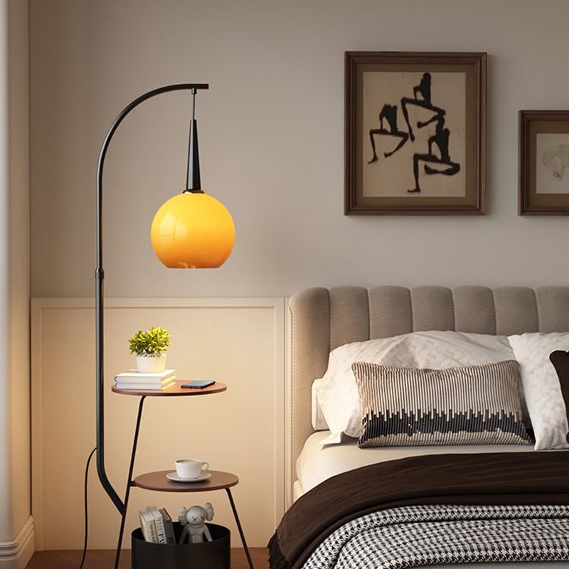 柚子中古风落地灯客厅沙发旁高级感卧室床L头柜置物一体无线充台