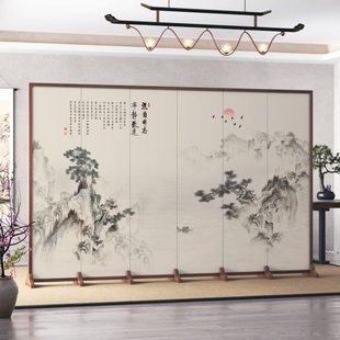 实木折叠屏风遮挡入户玄关家用移动山水背景墙酒店办公座屏 新中式