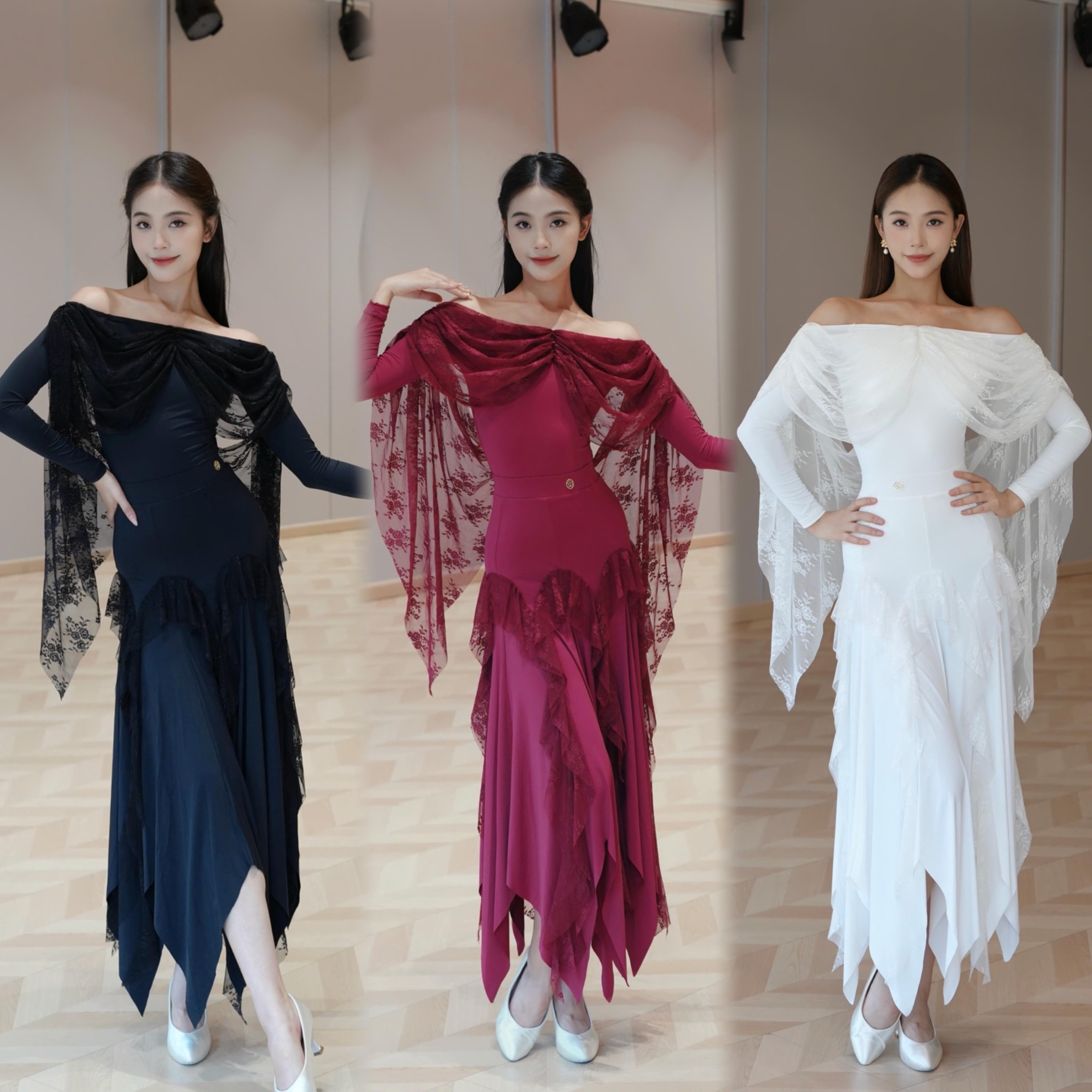 jinn舞服摩登舞服新款练功服演出服黑白红蕾丝飘纱一字上衣半身裙