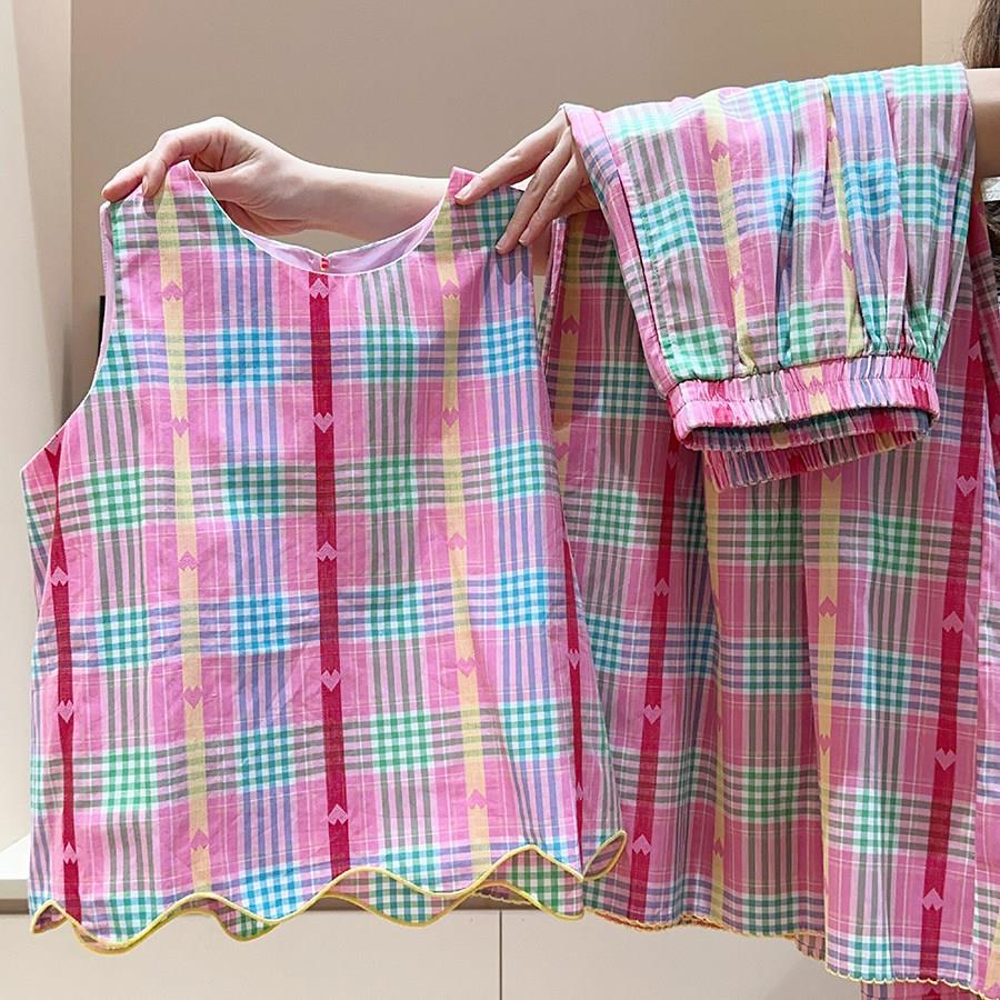 Sin Glee 韩系粉格爱心无袖睡衣女夏季背心长裤甜美家居服两件套