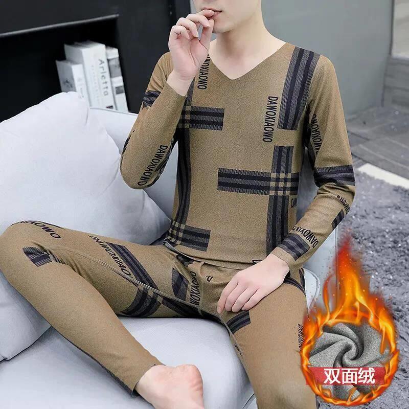 凯蒙欧内衣男士德绒保暖内衣套装无痕V领印花打底衫中青年秋衣裤