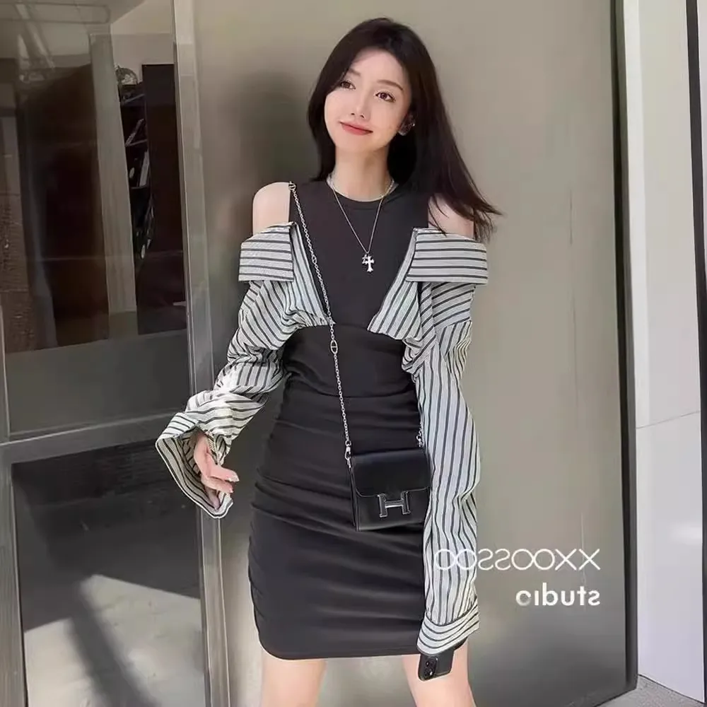 早秋装女2023新款茶歇法式桔梗露肩包臀高级感小香风连衣裙小个子
