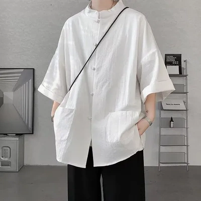 棉麻道袍衬衫加肥加大码唐装国风盘扣汉服男款新中式夏季短袖亚麻