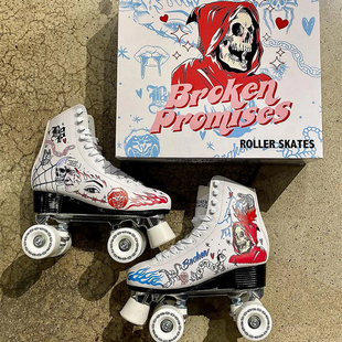 Broken Promises Let 女 正品 Roll白色骷髅印花高跟双排轮旱冰鞋