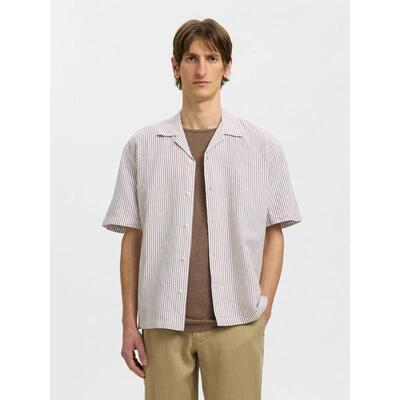 代购SELECTED思莱德男士衬衫透气舒适条纹短袖休闲日常衬衣爆款