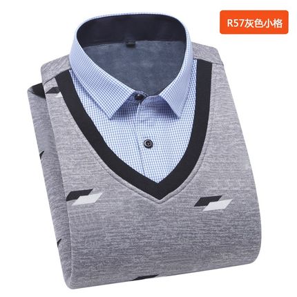 冬季男士假两件套保暖衬衫t领长袖就修加绒中年父亲装针织衫毛衣