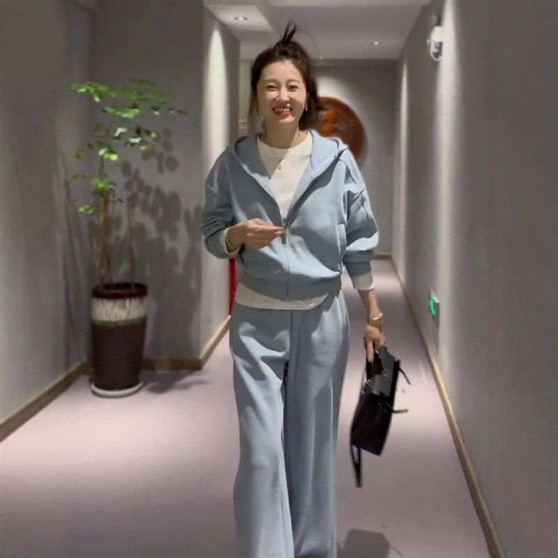 休闲蓝色运动套装女2025春秋季新款连帽开衫卫衣外V套长裤子两件