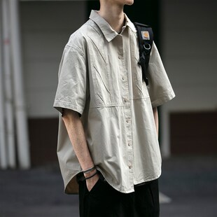 薄款 日系复古菱形格工装 男夏季 短袖 情L侣宽松百搭纯色翻领衬 衬衫