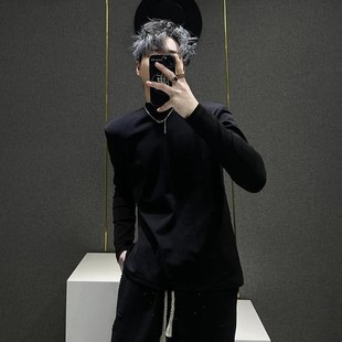 2025a春秋薄款 男 长袖 男T恤纯色垂感半高领套头宽松休闲打底体恤衫