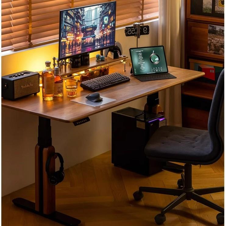 朝朝电动升降桌实木书桌家用樱桃木办公桌学习桌电脑桌电竞桌家用