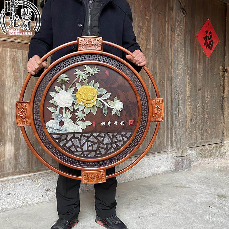 新中式客厅玄关装饰画走廊过道饭厅墙面挂饰圆形实木沙发背景墙挂
