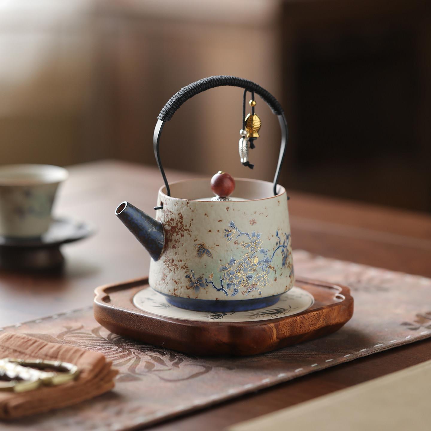 百垚青花火石红玉兰花提梁壶茶壶家用陶瓷一人泡茶壶中式功夫茶具