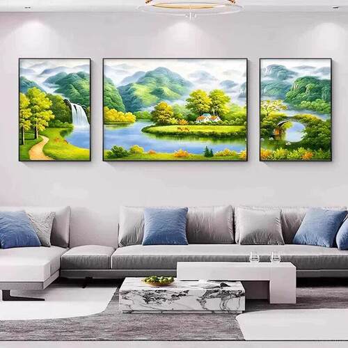 山水画客厅装饰画三联画大气2026新款现代简约挂画沙发背景壁画