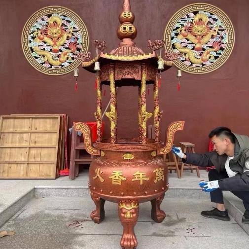 寺庙香炉铸铁大型带盖子彷古定制圆形六龙柱祠堂寺院纯铜道观宗祠