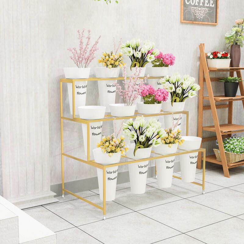 北欧金色铁艺花店花架可移动花架带万向轮鲜花展示架货架鲜花桶架