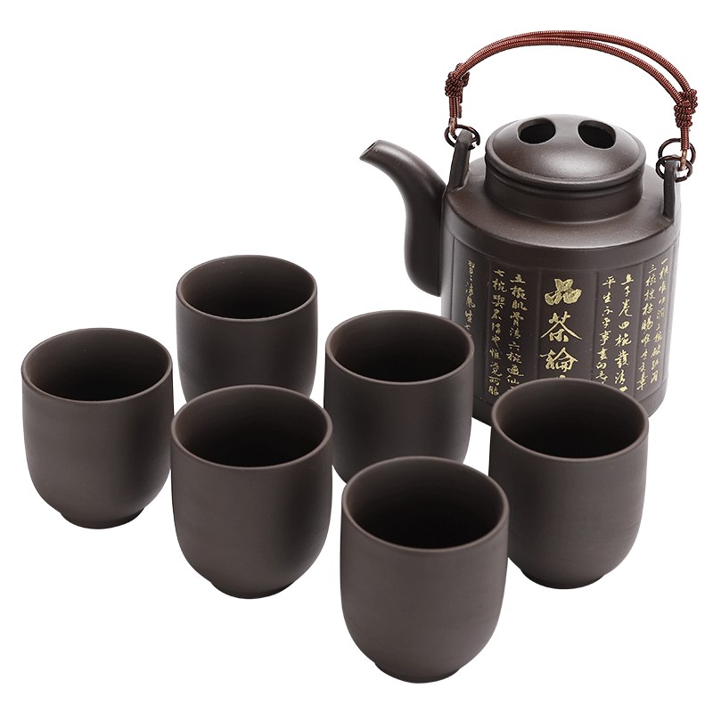 宜兴紫砂提梁壶超大号复古竹节铜提手泡茶壶茶杯大容量家用饭店