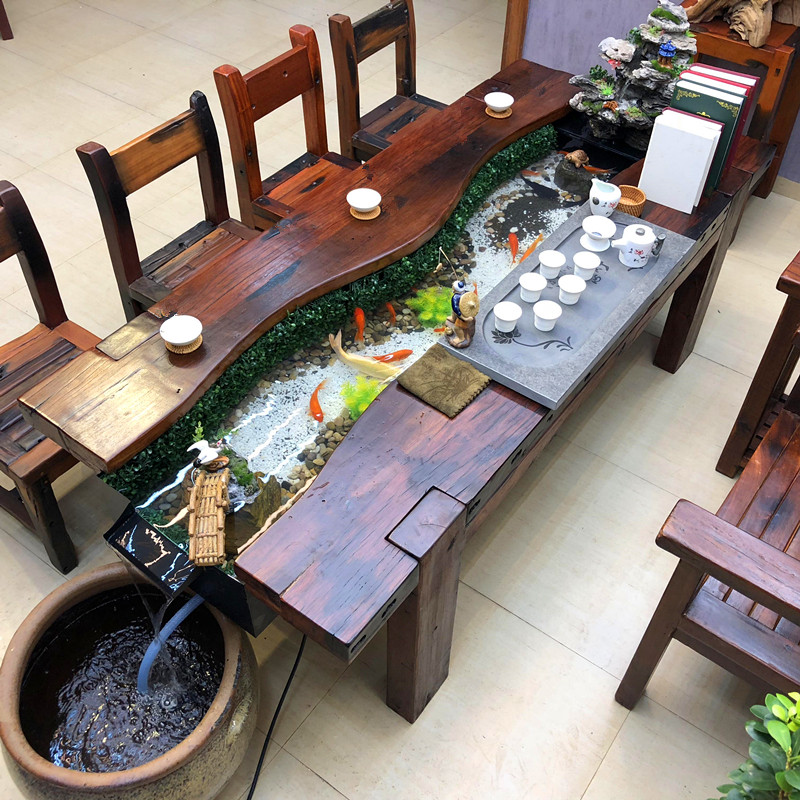 老船木流水茶桌椅组合实木功夫茶几养鱼缸茶台新中式茶具套装一体