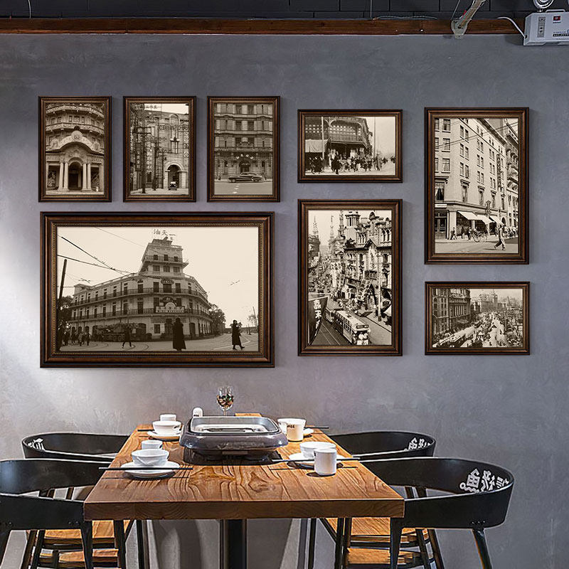 民国风装饰画怀旧复古海报老上海主题餐厅墙面壁画建筑老照片挂画
