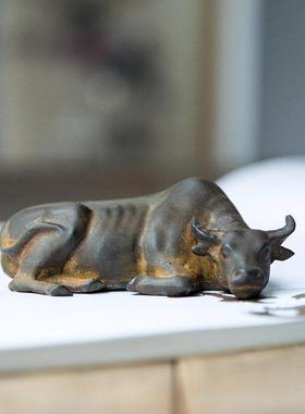 创意彷铸铁铁锈水牛迷你小摆件镇纸可养茶宠桌面办公室纯手工雕塑