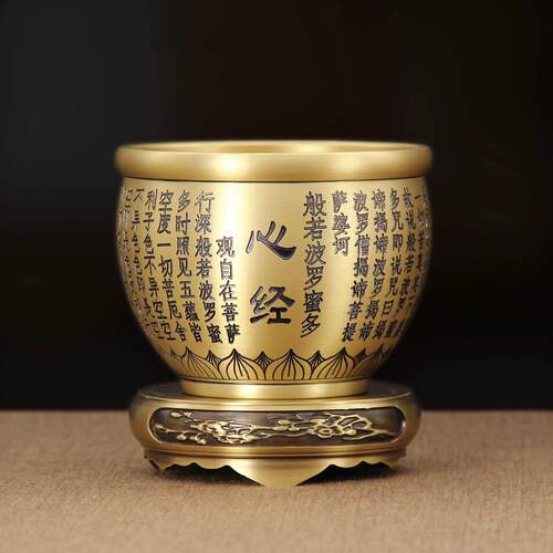 全黄铜精雕心经金蝉黄铜聚米缸心经香炉进米铜缸聚宝盆