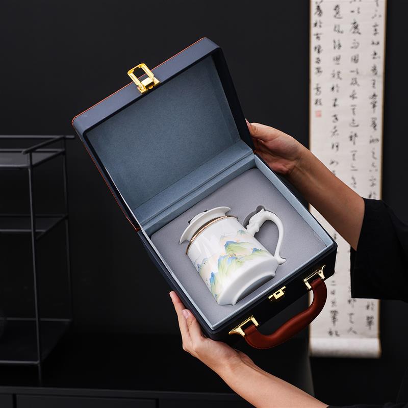 家用喝水杯定制陶瓷杯刻字送礼高档羊脂玉白瓷茶水分离办公泡茶杯
