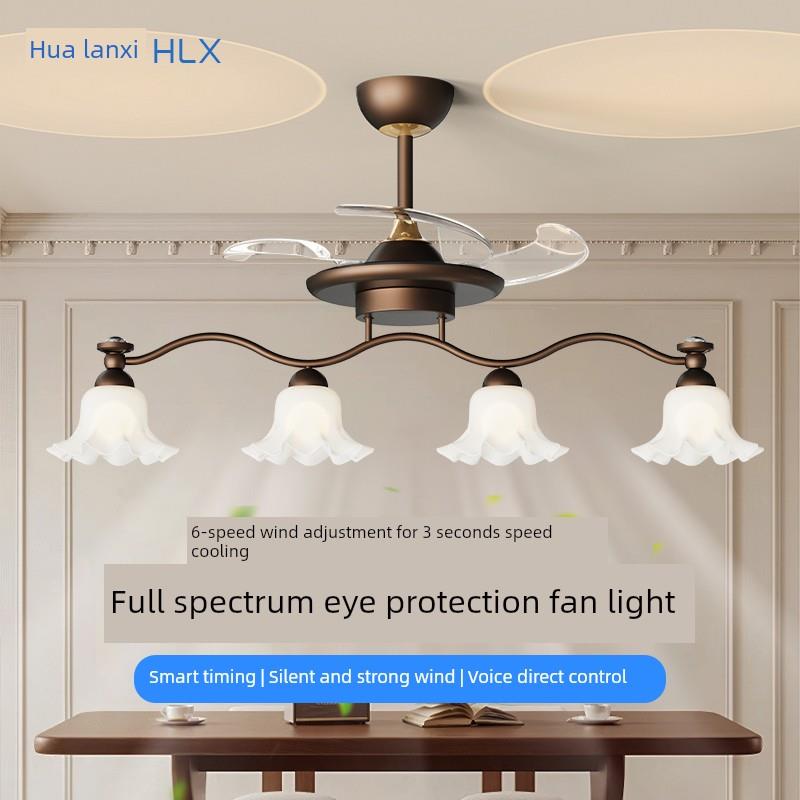 餐厅吊灯法式覆古高级感投影铃兰花隐形风扇灯变频一字长条吊扇灯