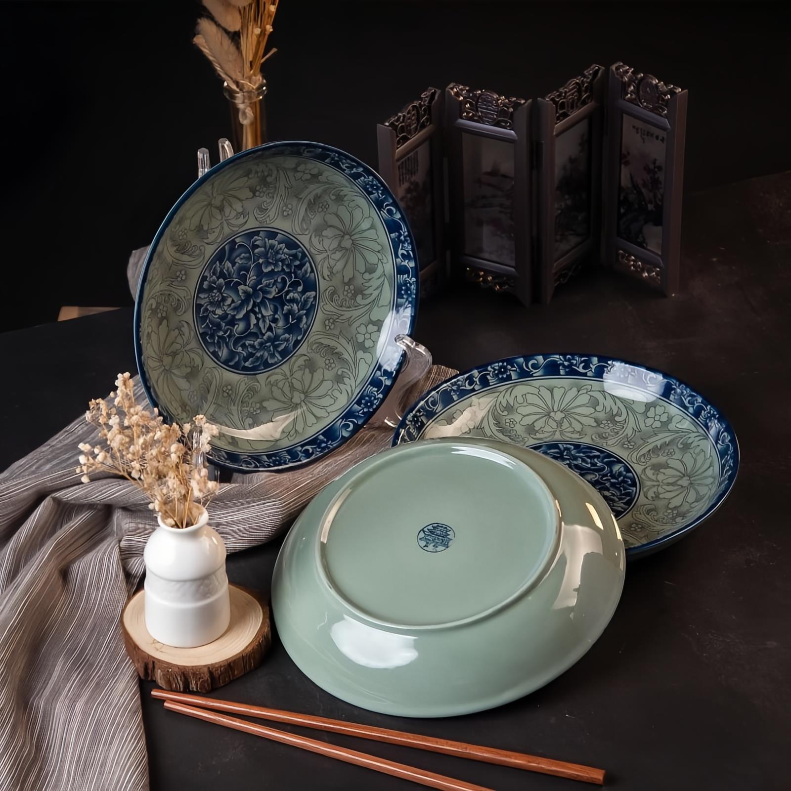 中式家用复古青花瓷盘子釉下彩圆形餐盘菜盘菜碟子焗饭盘具套装
