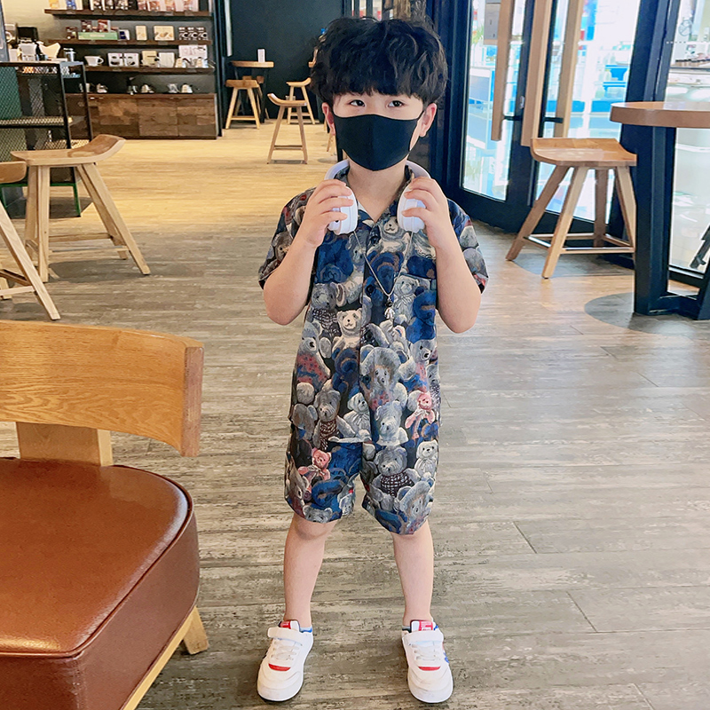 男童套装夏季短袖花衬衫2023新款酷帅I气衬衣男宝炸街小儿童两件