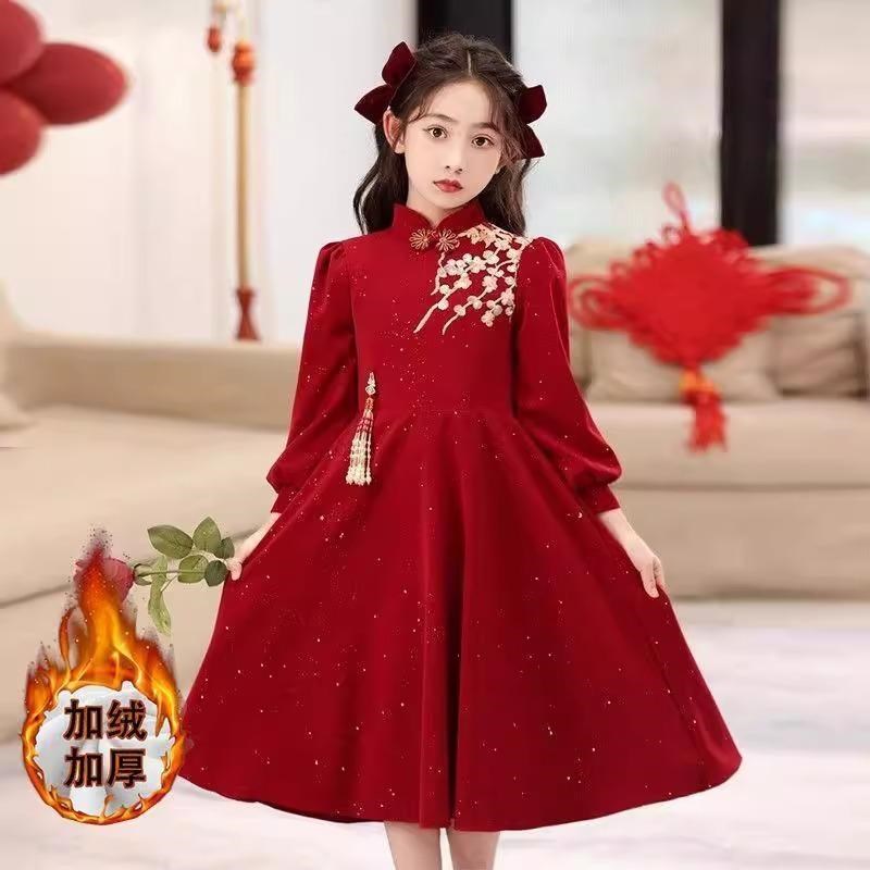女童礼服红色中h国风演出服主持人长袖连衣裙秋冬儿童拜年服公主