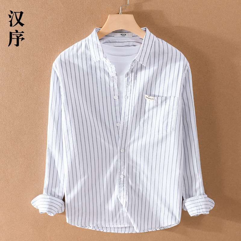 春季新款日系复古长袖衬衫男宽松休闲竖条纹牛津纺免烫衬衣内搭寸