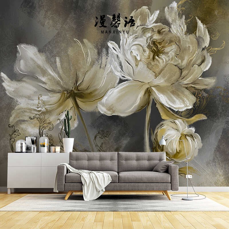 现代轻奢3D立体金箔花卉t艺术电视背景墙壁纸客厅沙发壁画卧室墙