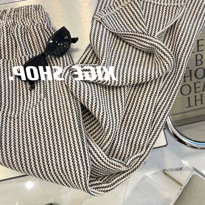 小众时髦宽松设计感高腰阔腿开叉裤复古绒感编织条纹直筒裤女春秋