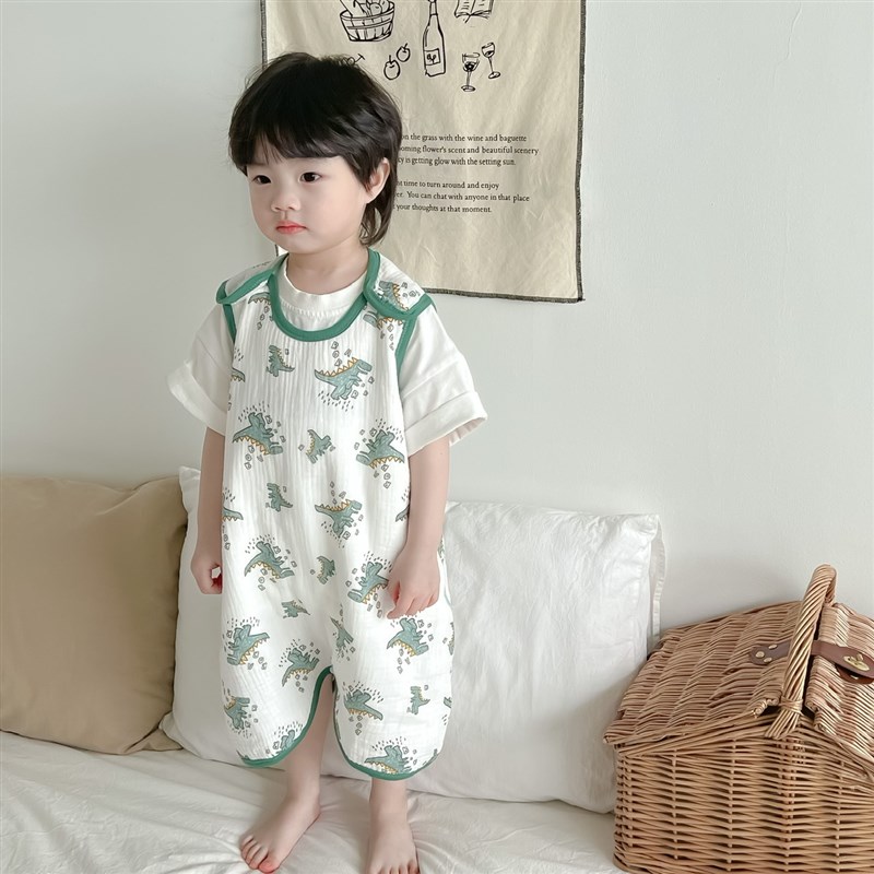 夏季男童无骨g背心睡袋儿童纱布前四后二无袖睡袍女童护肚睡衣
