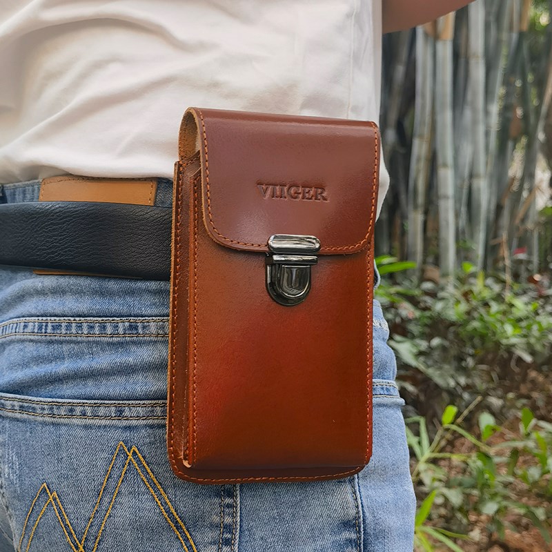 手机腰包男款工地干活专用 真皮双层穿皮带竖款6.8寸牛皮2024新款