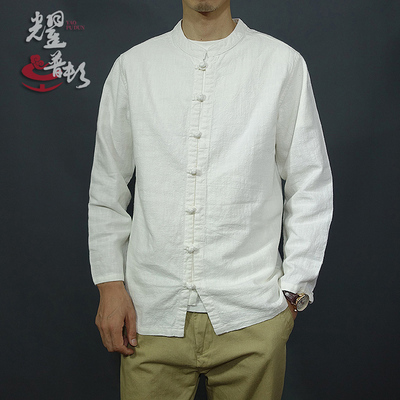 苎麻春秋男士唐装长袖衬衫盘扣立领白色中山装棉麻汉服休闲衬衣潮