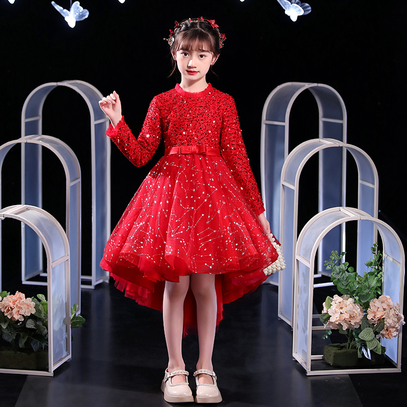 花童婚礼小女孩礼服女童高端公主裙儿童J钢琴P演奏主持人红色连衣