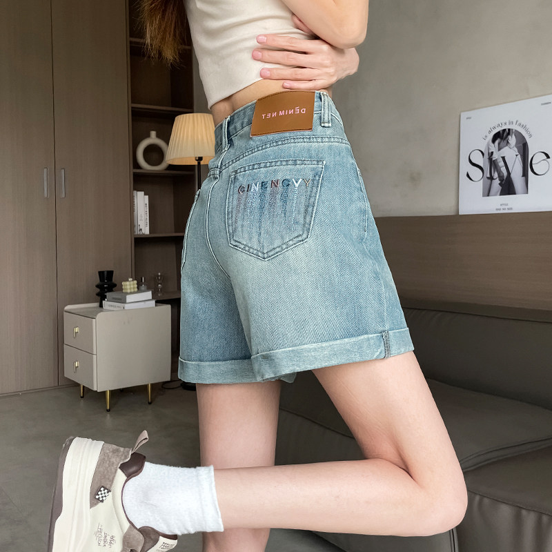 卷边牛仔短裤女夏季薄款2024新款高腰复古小个子显瘦a字宽松热裤