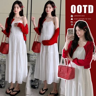 套装 孕妇连衣裙夏季 穿搭风吊带裙两件套外套时尚 孕期法式 2025新款