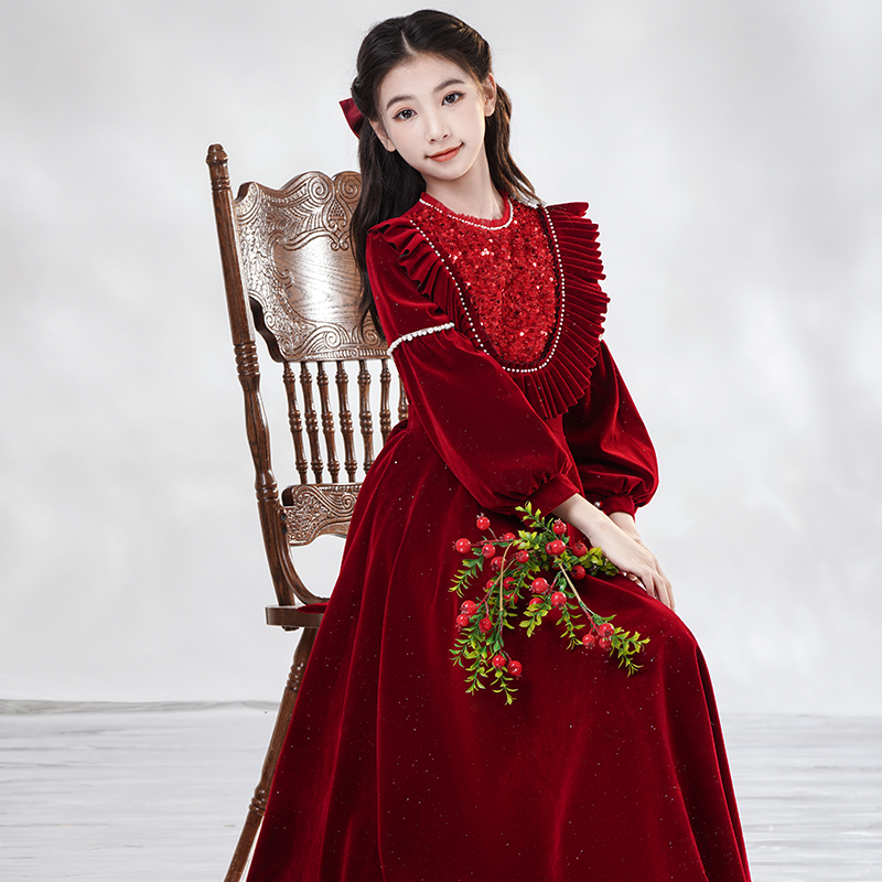 高端洋气红色丝绒长袖女童礼服公主裙生日主持钢琴演奏.演出服春