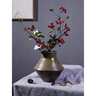粗陶花瓶復(fù)古侘寂風(fēng)民宿陶瓷插花擺件居家客廳裝 新中式 飾品老陶罐