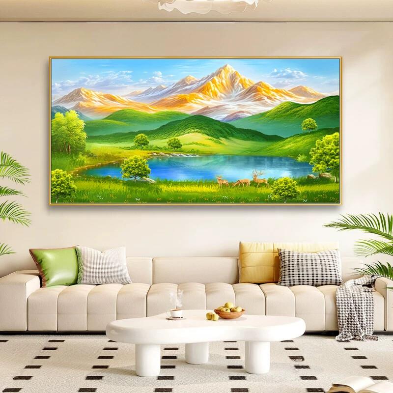 新款背有靠山客厅装饰画聚宝盆山水风景画简约大气沙发背景墙挂画